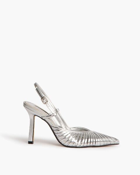 Silver Textured Slingback Heels with Pointed Toe