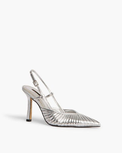 Silver Textured Slingback Heels with Pointed Toe