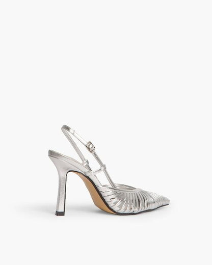 Silver Textured Slingback Heels with Pointed Toe
