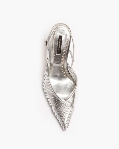 Silver Textured Slingback Heels with Pointed Toe