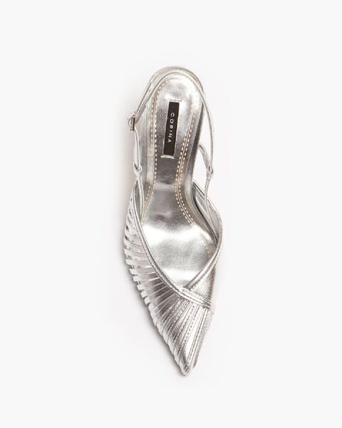 Silver Textured Slingback Heels with Pointed Toe