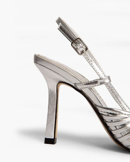 Silver Textured Slingback Heels with Pointed Toe