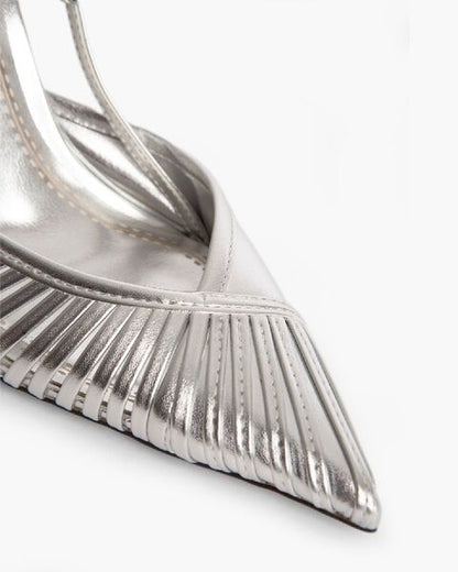 Silver Textured Slingback Heels with Pointed Toe