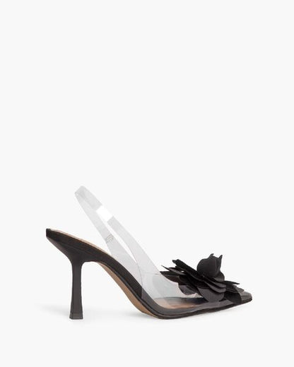Black Floral Detail Slingback Heels