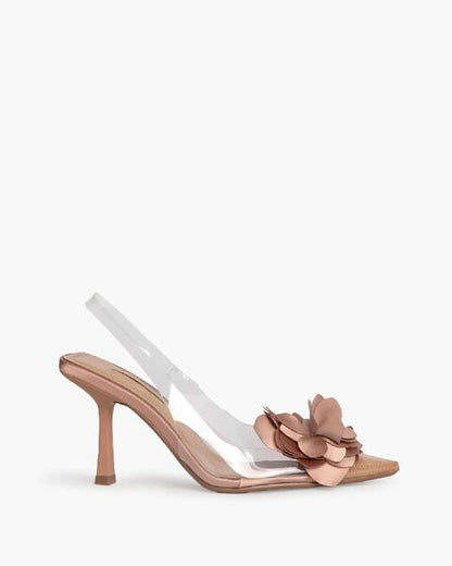 Taupe Floral Embellished Slingback Heels