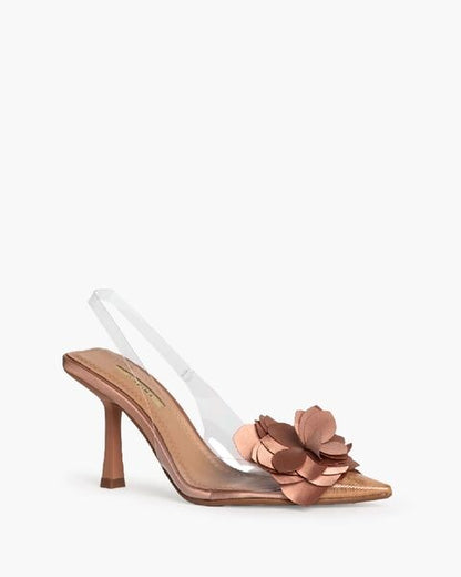 Taupe Floral Embellished Slingback Heels