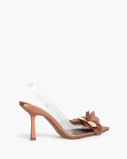 Taupe Floral Embellished Slingback Heels