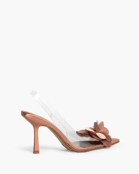 Taupe Floral Embellished Slingback Heels