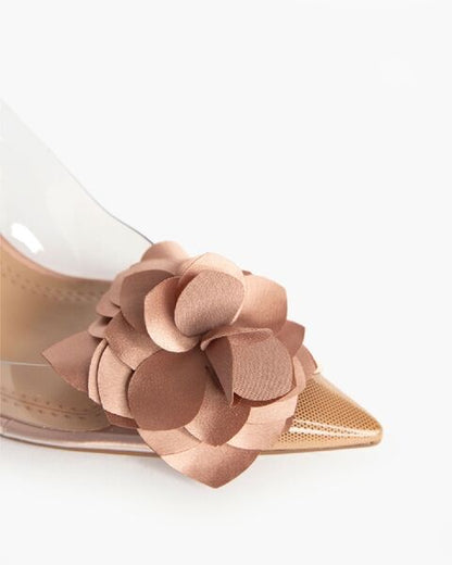 Taupe Floral Embellished Slingback Heels