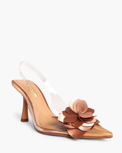 Taupe Floral Embellished Slingback Heels