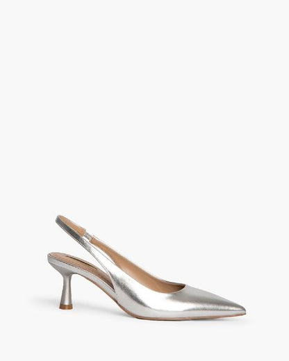 Silver Metallic Slingback Pump with Kitten Heel