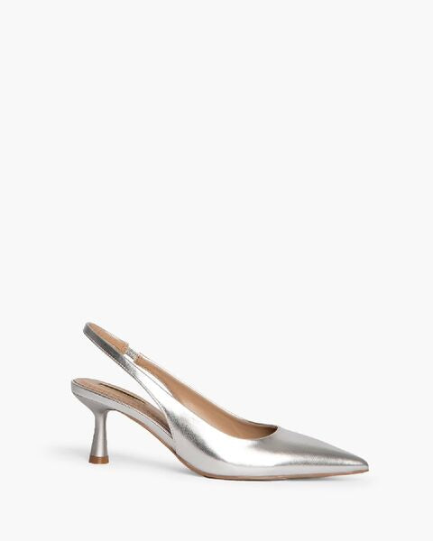 Silver Metallic Slingback Pump with Kitten Heel