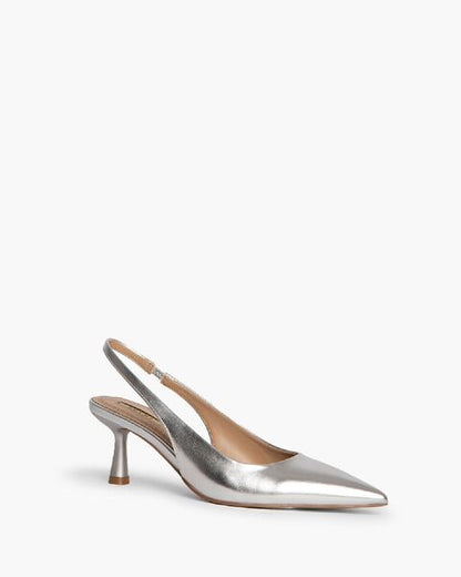 Silver Metallic Slingback Pump with Kitten Heel