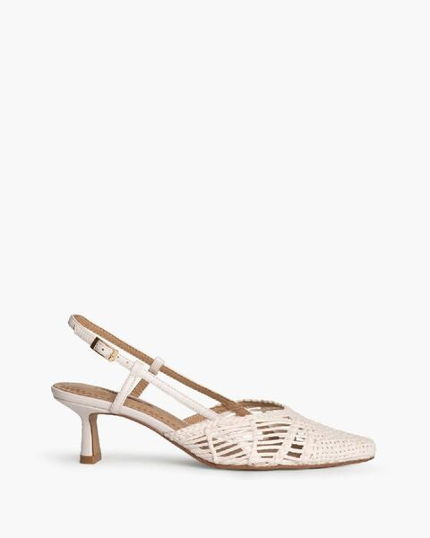 Beige Woven Slingback Heels with Kitten Heel