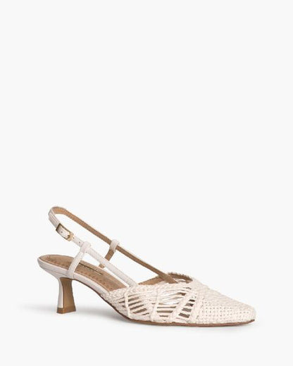 Beige Woven Slingback Heels with Kitten Heel