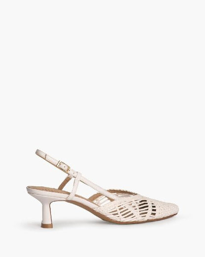 Beige Woven Slingback Heels with Kitten Heel