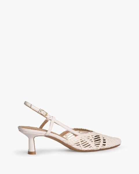 Beige Woven Slingback Heels with Kitten Heel