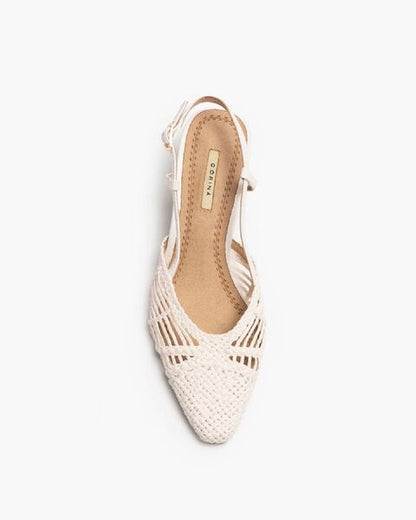 Beige Woven Slingback Heels with Kitten Heel
