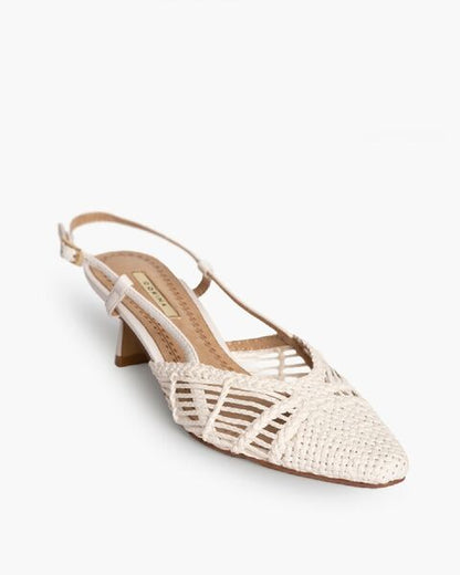 Beige Woven Slingback Heels with Kitten Heel