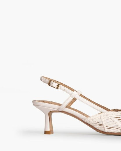 Beige Woven Slingback Heels with Kitten Heel