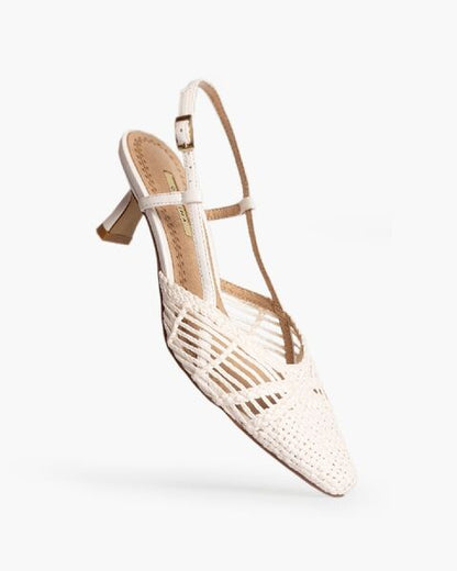 Beige Woven Slingback Heels with Kitten Heel