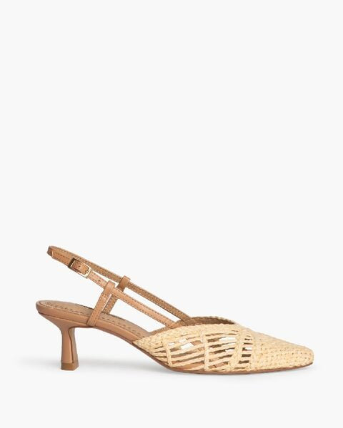 Beige Woven Slingback Kitten Heels