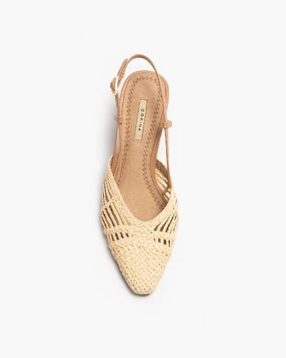 Beige Woven Slingback Kitten Heels
