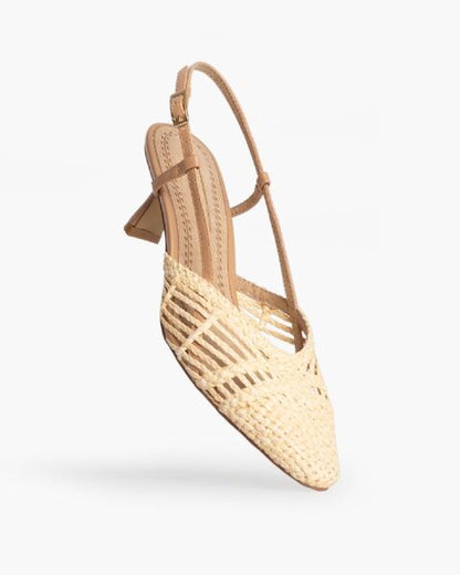 Beige Woven Slingback Kitten Heels
