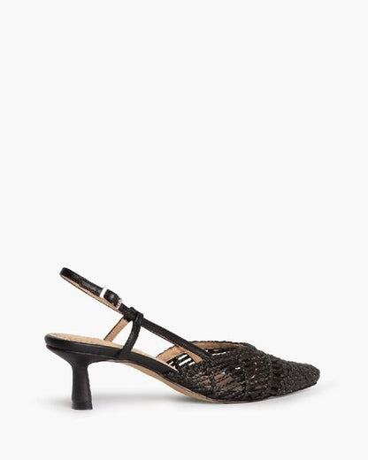 Black Textured Slingback Heels with Kitten Heel