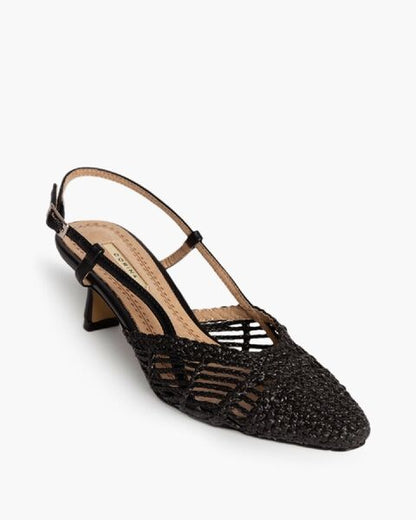 Black Textured Slingback Heels with Kitten Heel