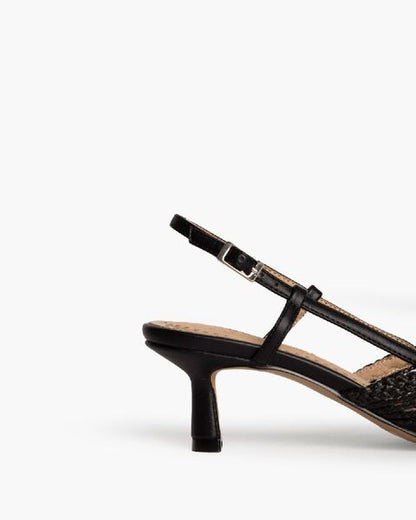 Black Textured Slingback Heels with Kitten Heel
