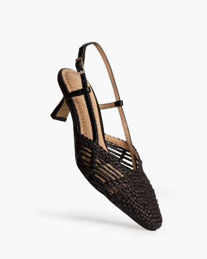 Black Textured Slingback Heels with Kitten Heel
