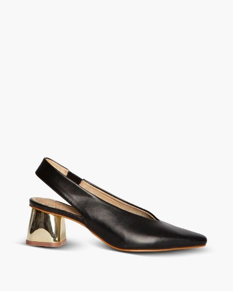 Black Leather Slingback Pumps with Gold Heel