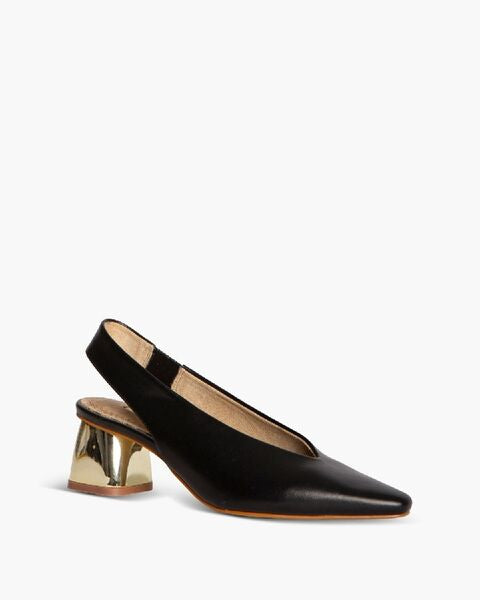 Black Leather Slingback Pumps with Gold Heel