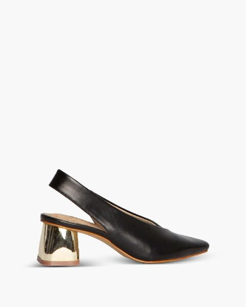 Black Leather Slingback Pumps with Gold Heel