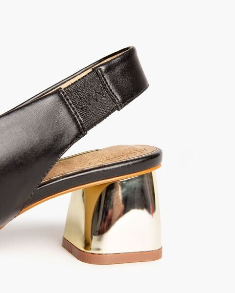 Black Leather Slingback Pumps with Gold Heel
