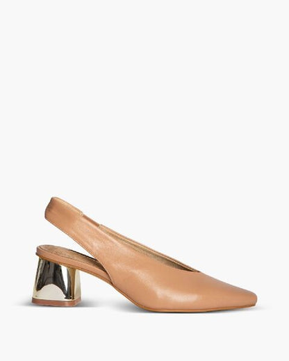 Tan Slingback Leather Pumps with Gold Block Heel