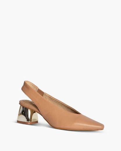 Tan Slingback Leather Pumps with Gold Block Heel