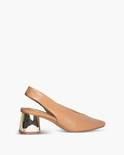 Tan Slingback Leather Pumps with Gold Block Heel