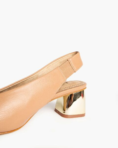 Tan Slingback Leather Pumps with Gold Block Heel