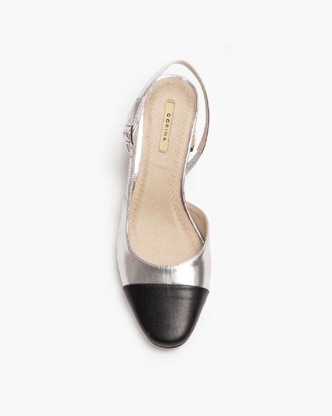 Silver Metallic Pointed Slingback Block Heel