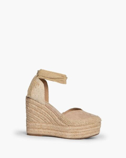Tan Woven Platform Espadrille with Ankle Wrap