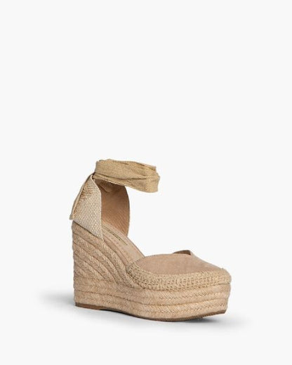 Tan Woven Platform Espadrille with Ankle Wrap