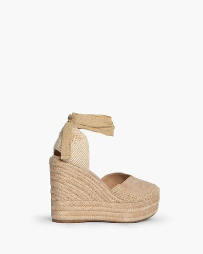 Tan Woven Platform Espadrille with Ankle Wrap