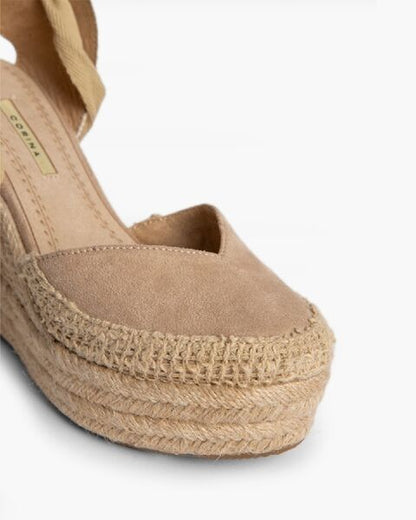 Tan Woven Platform Espadrille with Ankle Wrap