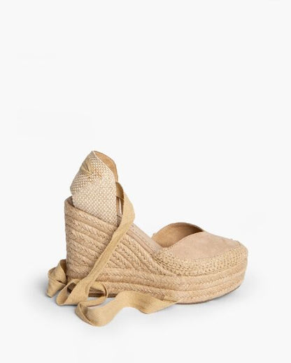 Tan Woven Platform Espadrille with Ankle Wrap