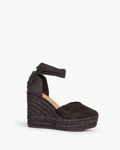 Black Suede Espadrille Wedges with Ankle Tie