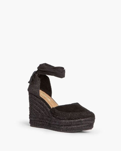 Black Suede Espadrille Wedges with Ankle Tie