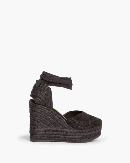Black Suede Espadrille Wedges with Ankle Tie
