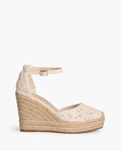 Beige Crochet Espadrille Wedge Sandal with Ankle Strap